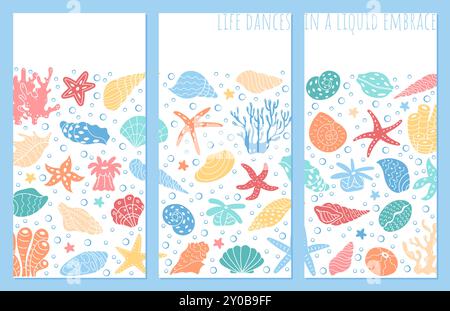 Meereslebewesen-Bannerdesign mit Korallen und Muscheln. Stock Vektor