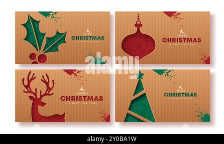 Frohe weihnachten Grußkarte Vektor Karte Poster Design. Weihnachtsgrüßtext mit gedruckten Elementen wie holly Beere, Rentier, Weihnachtsbaum Stock Vektor