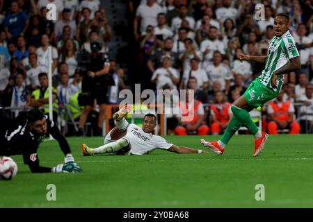 Madrid, Spanien. September 2024. Madrid, Königreich Spanien; 01.09.2024.- Real Madrid besiegt Real Betis am 4. Spieltag der spanischen Fußballliga. Mit Toren von Kylian Mbpaeé besiegten seine ersten beiden im Santiago Bernabéu Stadion (67 und 75) Betis. Vermerk: Juan Carlos Rojas/dpa/Alamy Live News Stockfoto