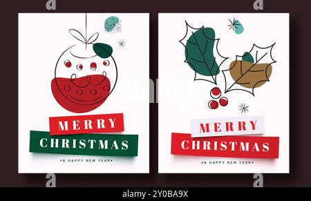 Weihnachtsgrußkarte Vektor-Poster Set Design. Frohe weihnachtsgrüßtext mit Doodle und Zeichenelementen wie hängendem Weihnachtsball und stechpalme Stock Vektor