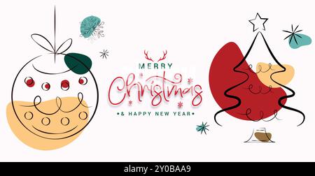 Frohe weihnachten Grußkarte Vektor Banner Design. Weihnachtsgrüßtext mit Doodle-hängender Weihnachtskugel und handgezeichneter Skizze mit Kiefernbaumelementen Stock Vektor