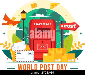 World Post Day Vector Illustration am 9. Oktober mit einem roten Postfach, das Post, Briefe und Pakete in einem flachen Cartoon Hintergrund akzeptiert Stock Vektor