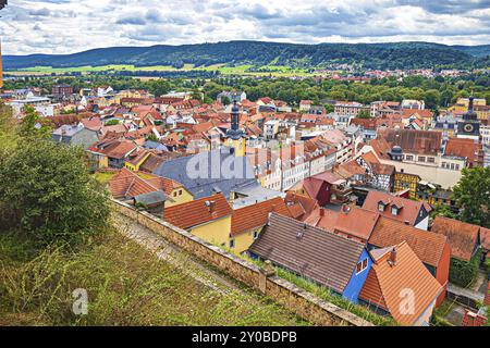 Blick auf die Altstadt vom Schloss Heidecksburg in Rudolstadt, Thüringen, Deutschland, Europa Stockfoto