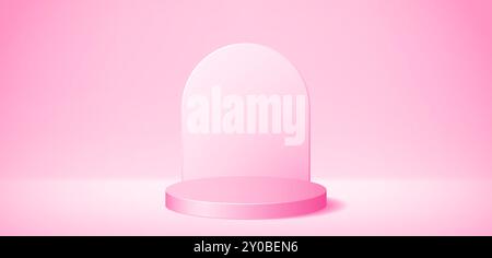 Pinkfarbenes 3D-Podium mit Hintergrundgewölbe. Studio Zylinder Plattform Bühnenkonzept. Weicher Sockel valentinsszene für Poster, Banner, Modelldesign, Produktvorlage, Schaufenster. Vektor Stock Vektor