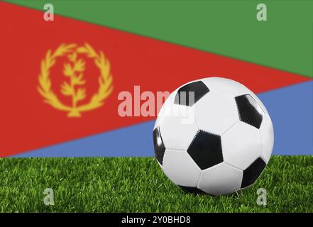 Die Flagge Eritreas und der Fußball auf dem grünen Gras Stockfoto