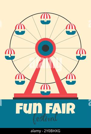 Banner oder Poster für lustige Festspiele. Riesenrad in flachem Stil. Vektorabbildung Stock Vektor