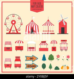 Aufkleber für Vergnügungspark und Karneval. Riesenrad, Zirkuszelt, Karussell, Street Food Stände und andere Elemente. Illustration des flachen Vektors Stock Vektor