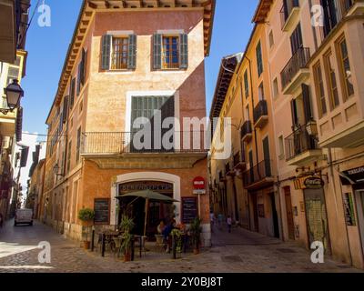 Straßenszene in einer Altstadt mit hohen Gebäuden, Balkonen und gemütlicher Atmosphäre, palma de mallorca, balearen, spanien Stockfoto