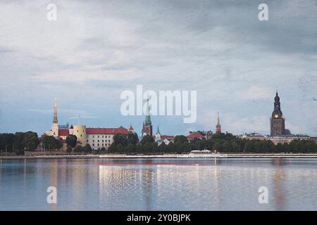 Retro-Stil Foto Nacht Riga Stadtbild. Lettland Stockfoto