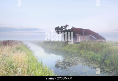 Gemütliches Haus am nebeligen Morgen am Fluss, Niederlande Stockfoto