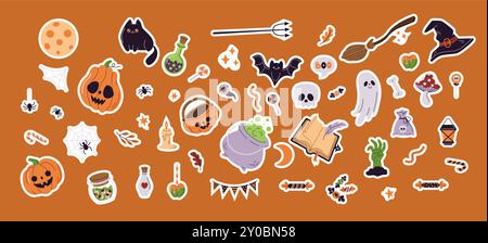 Niedliche Halloween Party Artikel flache Vektor Illustration Aufkleber Pack. Kinder gruselige Feiertagsschmuck bunte Ikonen auf orangem Hintergrund Stock Vektor