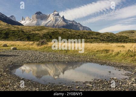 Cuernos del Paine, 2600 Metros, Trekking W, Parque nacional Torres del Paine, Sistema Nacional de Areas Silvestres Protegidas del Estado de Chile. Pata Stockfoto