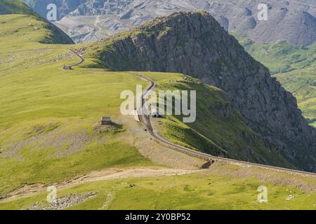 Zu Fuß vom Mount Snowdon auf dem Llanberis Path, Snowdonia, Gwynedd, Wales, Großbritannien, Blick nach Norden in Richtung Clogwyn Bahnhof mit einem Zug in Richtung Norden Stockfoto