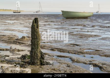 Ein Holzpfahl in den Oare Marshes bei Ebbe in der Nähe von Faversham, Kent, England, mit einigen Booten und der Isle of Sheppey im Hintergrund Stockfoto