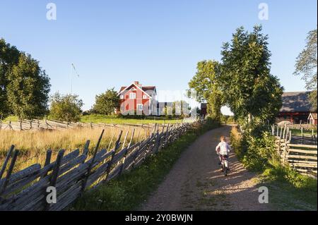 Junge radeln auf einer Landstraße im ländlichen Smaland, Schweden. Im Hintergrund ein traditionelles rot bemaltes Holzhaus und typisch skandinavische Zäune Stockfoto