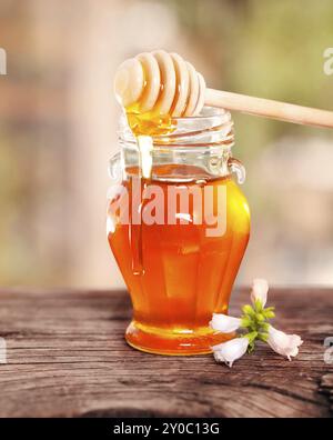 Stilvoller Glasbecher mit goldenem Honig und Dipper auf Holztisch mit Blume auf verschwommenem Hintergrund Stockfoto