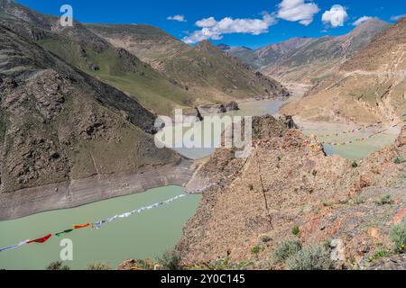 Das türkisfarbene Manla-Reservoir am Nyang-Fluss aus dem 4200 m hohen Smira La-Bergpass auf dem Southern Friendship Highway in der Nähe von Gya Stockfoto