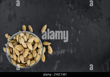 Teil der gerösteten Mandeln (in der Shell) auf dunklem Schiefer Tafel als detaillierte Nahaufnahme (selektive Fokus) Stockfoto