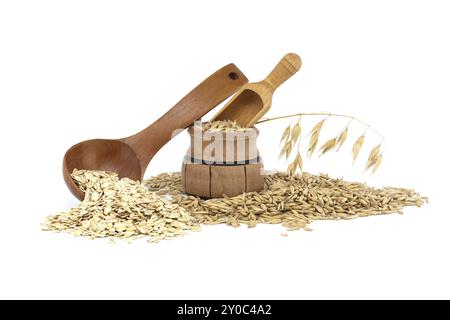 Haferkörner mit Rümpfen oder Schalen, die aus einem Holzfass verschüttet werden, und Hafergrippe, die in Holzlöffel auf weißem Backgr zu Flocken gerollt und geplatzt wird Stockfoto