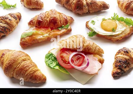 Croissant-Sandwichsortiment. Verschiedene gefüllte Croissants auf weißem Hintergrund. Brötchen gefüllt mit Schinken, Lachs, Ei usw., Lebensmittelfotografie Stockfoto