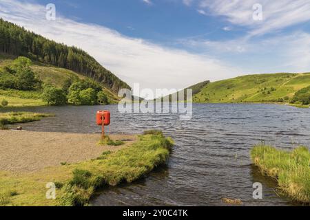 Blick auf Llyn Geirionydd mit einem Rettungsschirm im Vordergrund, in der Nähe von Llanwrst, Conwy, Wales, Großbritannien Stockfoto