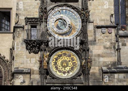 Prag, Tschechische Republik, 16. März 2017: Die berühmte astronomische Uhr auf dem Altstädter Ring im Zentrum Europas Stockfoto