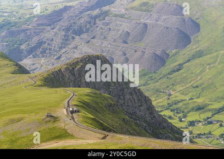 Zu Fuß vom Mount Snowdon auf dem Llanberis Path, Snowdonia, Gwynedd, Wales, Großbritannien, Blick nach Norden in Richtung Clogwyn Bahnhof mit einem Zug in Richtung Norden Stockfoto