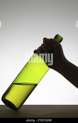 Silhouette einer Hand packte eine grüne Flasche Weine Stockfoto