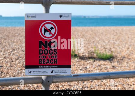 Ein hellrotes Schild am Southsea Beach erinnert die Menschen daran, dass in den Sommermonaten keine Hunde erlaubt sind und nach dem Tier aufräumen dürfen. August 2024. Stockfoto