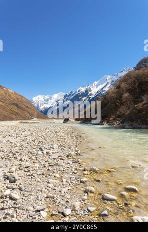 Langtang-Tal in großer Höhe mit fließenden Gletscherfluss Wasser vom Himalaya-Gebirge und schneebedeckten Gipfel der Gangchenpo im Hintergrund in Nepa Stockfoto