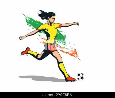 Entschlossene weibliche Athletin Fußballspielerin in Aktion Eine lebendige Vektor-Illustration einer jungen Frau, die einen Fußball mit Selbstvertrauen und Kraft tritt Stock Vektor