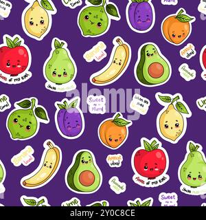Nahtloses Muster mit niedlichen kawaii-Zeichentrickfiguren und Beeren auf lila Hintergrund mit lustigen Sätzen. Vektorabbildung. Stock Vektor