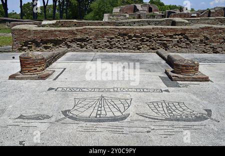 Mosaik mit maritimen Moriten, im Hintergrund das Raster der Mauer Stockfoto