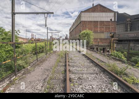 Verlassene Eisenbahngleise in einem Industriegebiet mit Bäumen und Himmel im Hintergrund, Stahlwerk HF4, Lost Place, Dampremy, Charleroi, Provinz Hain Stockfoto