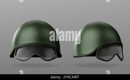 Realistischer, grüner Helm in Khaki-Farbe mit taktischer Brille. 3D Vektor moderne Armee Soldat Kopf kugelsichere Schutzhüte mit Goggle. Kampf Verteidigung und Überleben Uniform Mode Mockup. Stock Vektor