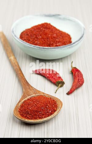 Studio-Foto von rotem Pfefferpulver in einem Holzlöffel mit einer hölzernen Schüssel Pfefferpulver und ganzen roten Paprika Stockfoto