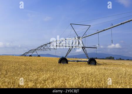 Ein großes Bewässerungssystem befindet sich auf einem bereits ernteten Feld in der Nähe von Rathdrum, Idaho Stockfoto