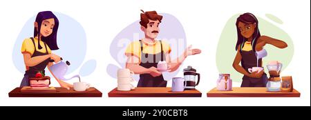 Die Barista bereiten frischen Kaffee mit einer anderen Methode zur Zubereitung von Koffeingetränken zu. Cartoon Vektor Set von Mann und Frau mit Tasse Kaffee, französisch Presse und Wasserkocher, Filter Tropf und Dessert. Stock Vektor