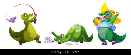 Süßes und glückliches Alligator-Zeichen-Vektor-Set. Lustige Krokodil-Ikone mit Emotionen. Entzückender Zoo Reptilienfischen und Spielkarten Clipart. Comic-Kollektion für Sommer-Tiermaskottchen zum Zeichnen in der Schule. Stock Vektor