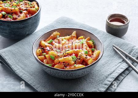 Tteokbokki oder Topokki und rabokki, koreanisches Streetfood, scharfe Reiskuchen in Gochujang-Sauce mit rotem Pfeffer, ein beliebtes Gericht mit einem Getränk, Lebensmittelfotografie Stockfoto