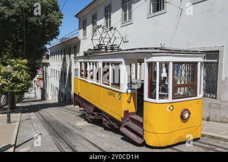 Die gelbe Straßenbahn fährt entlang einer steilen Kopfsteinpflasterstraße vor hellen Gebäuden, Standseilbahn, Ascensor da Gloria, Altstadt, Lissabon, Lisboa, Portugal Stockfoto