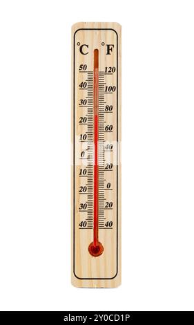 Holzthermometer isoliert auf weißem Hintergrund Stockfoto