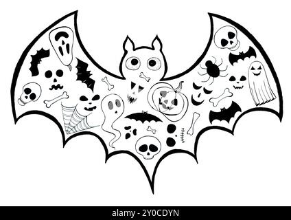 Kritzele ein Set von Halloween-Symbolen, die in die Silhouette einer Fledermaus eingeschrieben sind. Zeichnung mit schwarzem Umriss. Isoliert auf weißem Hintergrund. Windlichter, Schädel Stockfoto