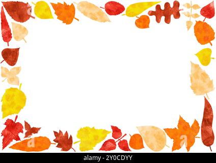 Rahmen von Herbstblättern in verschiedenen Formen und Farben. Die Blätter sind mit der Textur von farbigen Bleistiften gefüllt. Pfirsichfarben, gelb, orange, rot, braun Co Stockfoto