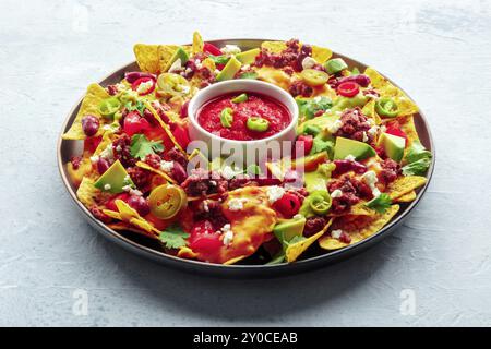 Nachos geladen. Mexikanische Nacho-Chips mit Rindfleisch, Guacamolensauce, Käsesalsa, Bohnen und Paprika, auf einem Schiefergrund, Lebensmittelfotografie, Lebensmittelfotogra Stockfoto