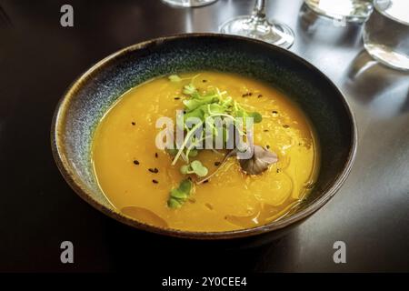 Microgreens auf Kürbissuppe in einem veganen Restaurant, elegantes gesundes Gericht, stimmungsvolles Essen Foto Stockfoto