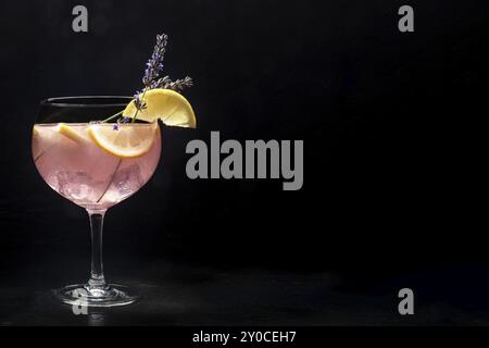 Schicker Cocktail mit frischem Obst. Gin Tonic Drink mit Eis auf einer Party, auf schwarzem Hintergrund. Alkohol mit Lavendel und Zitrone, mit Kopierraum, Foo Stockfoto