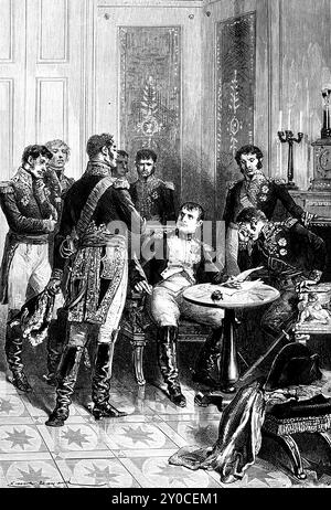 Kaiser Napoleon Bonapartes Abdankung 1814, Frankreich, Sieg der Koalition Preußen Russland Österreich, Palast, Zimmer, Tisch, Ende der Kriege, Unterschrift Stockfoto