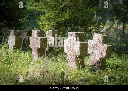 Sehr alte Grabsteine aus farbigem Sandstein, bewachsen mit Gras und Unkraut stehen in einer Reihe Stockfoto