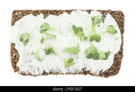 Frischkäse mit frischem Kresse auf einer Scheibe Brot auf weißem Hintergrund (Nahaufnahme) Stockfoto